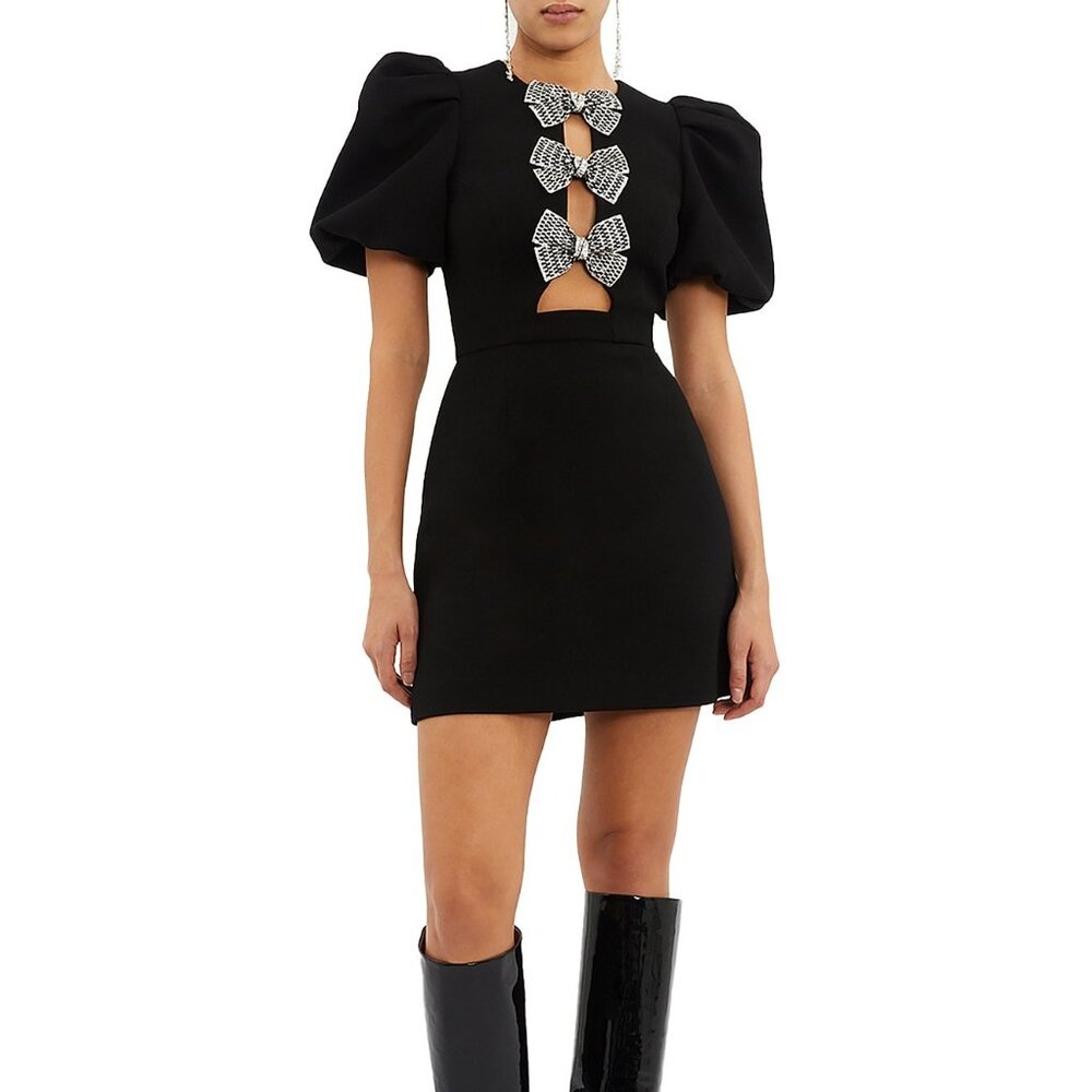 Black Puff Sleeve Cut Out Party Bow Rhinestone Mini Dress